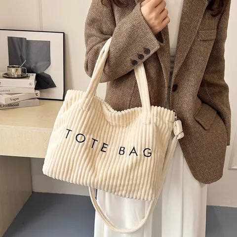 Sac Fourre-tout en Velours Côtelé Grande Capacité pour Femmes Sac à Bandoulière Broderie de Lettres Vintage Sac à Main Décontracté avec Sangle Réglable