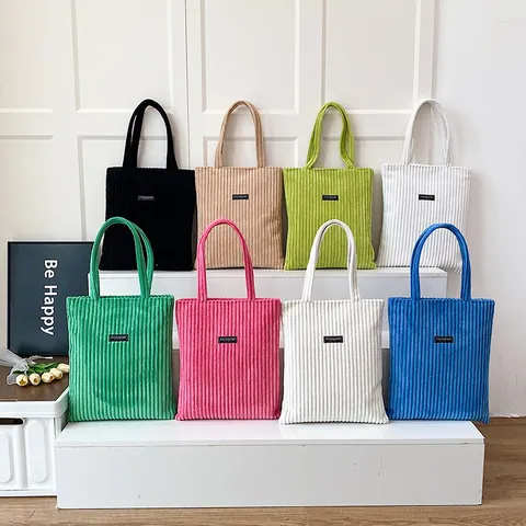 Borsa Tote da Donna in Velluto a Coste Grande Capacità Borsa a Tracolla Casual Con Etichetta a Lettera Borsa a Mano a Righe