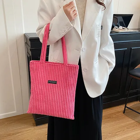 Borsa Tote da Donna in Velluto a Coste Grande Capacità Borsa a Tracolla Casual Con Etichetta a Lettera Borsa a Mano a Righe