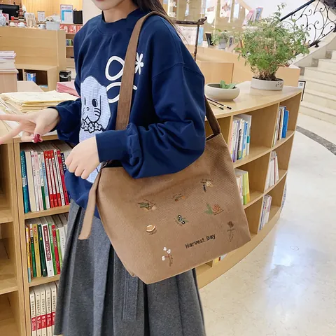 Women's Corduroy Embroidered Floral Tote Bag Large Capacity Harvest Day Shoulder Bag Casual Vintage Literary Commuter Handbag