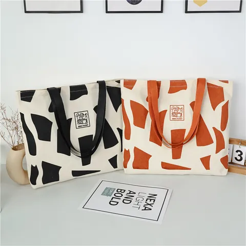 Grote Capaciteit Canvas Draagtas Voor Dames Student Geometrische Print Schoudertas Met Rits Dagelijks Woon-werkverkeer Handtas