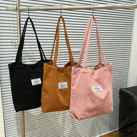 Large Capacity Corduroy Tote Bag For Women Retro Casual Solid Color Shoulder Bag Shopping School Bag Handbag With Magnetic Buckle