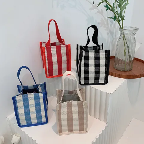 Women's Casual Canvas Mini Tote Bag Checkered Striped Small Handbag Portable Storage Pouch For Daily Commute Fashion Accessories