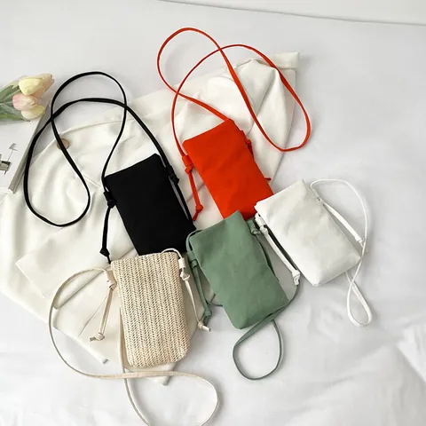 Dames Mini Canvas Crossbody Telefoontasje Minimalistisch Effen Kleur Kleine Schoudertas Verticaal Vierkant Tasje Met Knoopriem