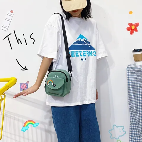 Süße Canvas Umhängetasche Für Damen Jugendliche Mini Quadratische Tasche Mit Regenbogen Patch Buchstaben Print Koreanisch Lässige Kleine Schultertasche