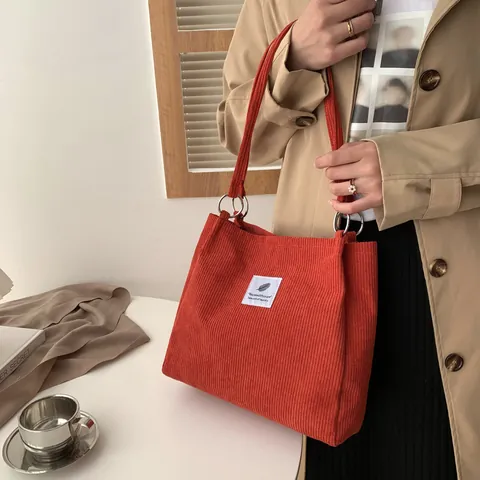 Γυναικεία Τσάντα Tote Κοτλέ Μεγάλης Χωρητικότητας Με Ετικέτα Φύλλου Μεταλλικοί Δακτύλιοι Casual Τσάντα Ώμου για Σχολείο Ψώνια