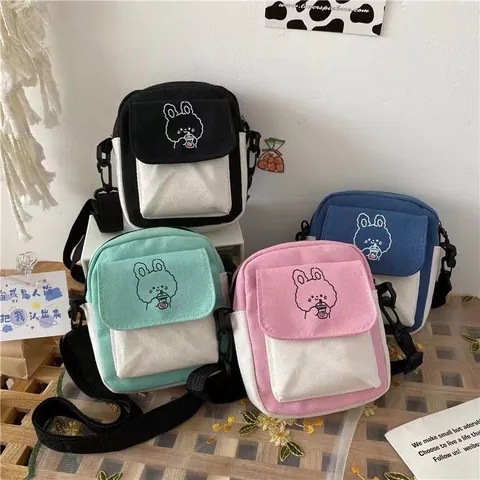 Damen Mini Segeltuch Umhängetasche Süße Cartoon Hase Stickerei Kleine Quadratische Schultertasche Casual Student Messenger Bag