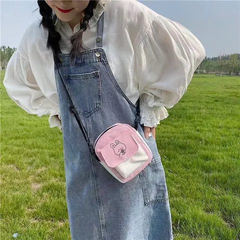 Damen Mini Segeltuch Umhängetasche Süße Cartoon Hase Stickerei Kleine Quadratische Schultertasche Casual Student Messenger Bag
