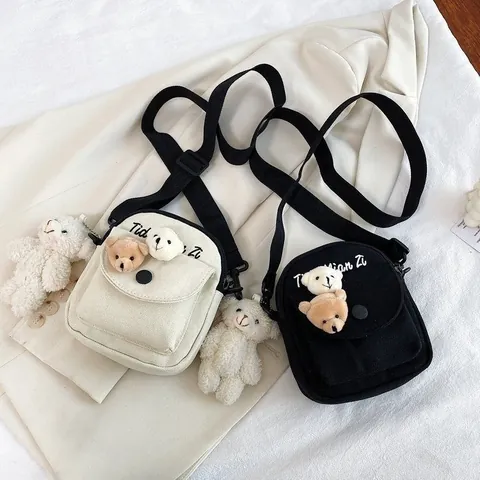 Women Harajuku Style Canvas Crossbody Bag Cute Plush Bear Decoration Mini Square Shoulder Bag Casual Student Messenger Bag