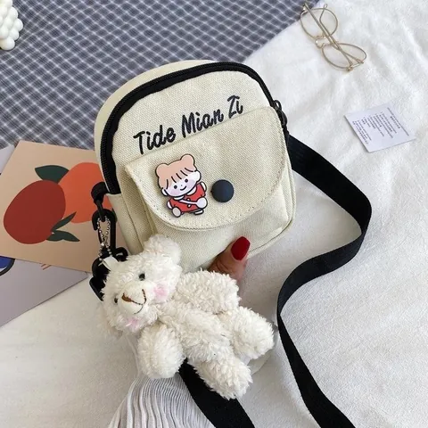 Women Harajuku Style Canvas Crossbody Bag Cute Plush Bear Decoration Mini Square Shoulder Bag Casual Student Messenger Bag
