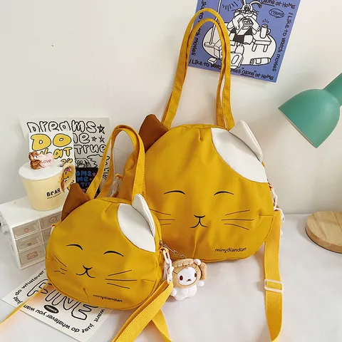Süße Cartoon Katzengesicht Nylon Tragetasche Für Damen Japanischer Stil Große Kapazität Umhängetasche Verstellbarer Riemen