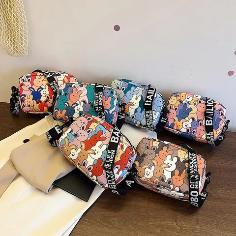 Damen Cartoon Hase Druck Segeltuch Umhängetasche Lässig Vielseitig Kleine Quadratische Schultertasche Reißverschluss Tägliche Handtasche