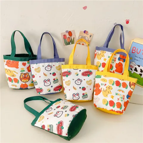Cartoon Animal Canvas Tote Bag Cute Tiger Rabbit Print Portable Handbag Lunch Bag Mini Bucket Bag For Women Kids Casual Tote