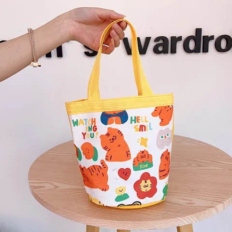 Cartoon Animal Canvas Tote Bag Cute Tiger Rabbit Print Portable Handbag Lunch Bag Mini Bucket Bag For Women Kids Casual Tote