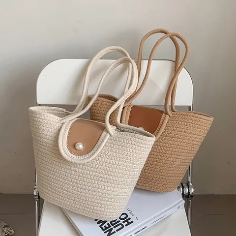 Borsa Tote Intrecciata da Donna Grande Capacità Casual in Cotone e Lino Borsa a Tracolla Con Bottone di Perla Artificial Minimalista