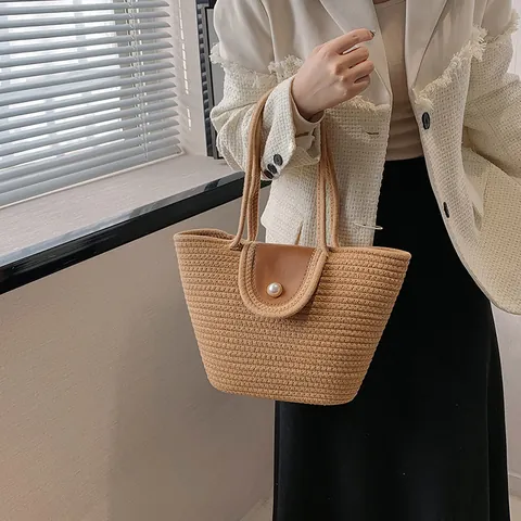 Borsa Tote Intrecciata da Donna Grande Capacità Casual in Cotone e Lino Borsa a Tracolla Con Bottone di Perla Artificial Minimalista