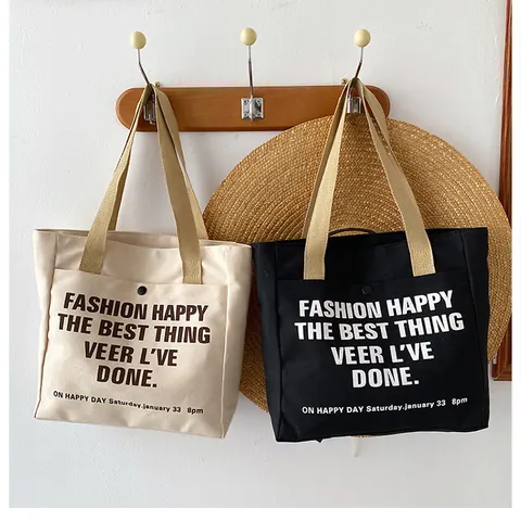 Casual Large Capacity Canvas Tote Bag For Women Commuter College Student Shoulder Crossbody Handbag Black Off White