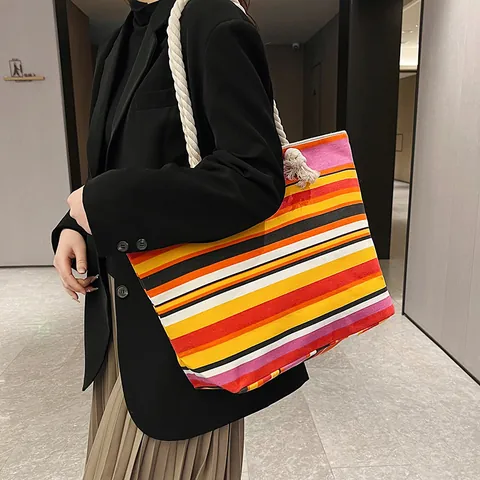 Large Capacity Canvas Tote Bag Women Cotton Rope Handle Zipper Closure Printed Striped Floral Shoulder Shopping Beach Bag