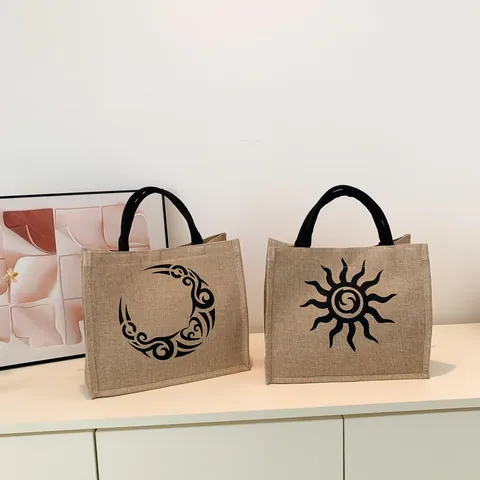 Large Capacity Jute Canvas Tote Bag Vintage Tribal Sun Moon Print Handbag Casual Shopping Bag With Magnetic Clasp For Women