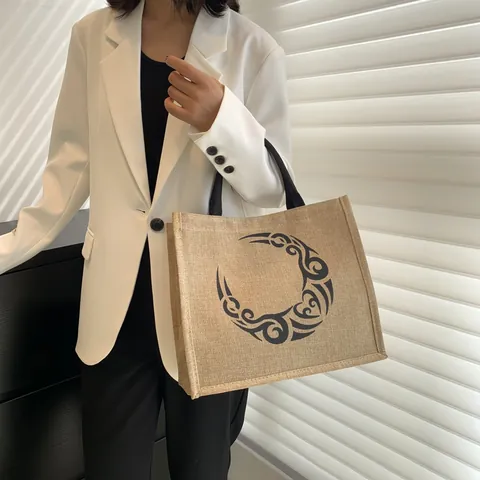 Large Capacity Jute Canvas Tote Bag Vintage Tribal Sun Moon Print Handbag Casual Shopping Bag With Magnetic Clasp For Women
