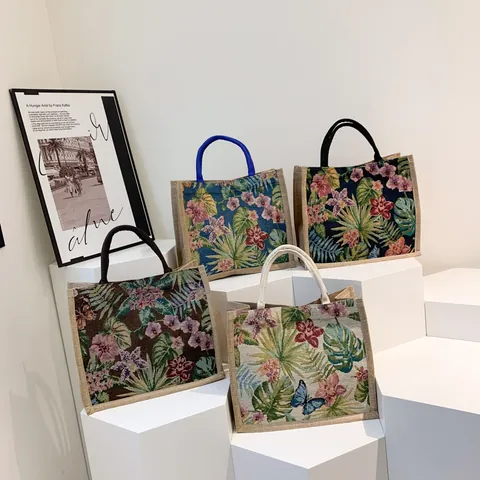 Vintage Damentasche Mit Tropischem Blumenmuster Große Kapazität Baumwolle Leinen Canvas Handtasche Für Einkaufen Und Reisen