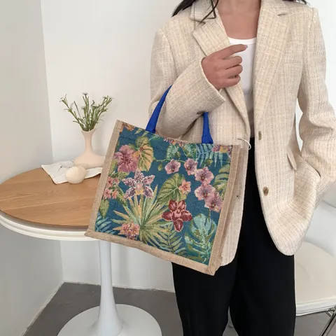 Vintage Damentasche Mit Tropischem Blumenmuster Große Kapazität Baumwolle Leinen Canvas Handtasche Für Einkaufen Und Reisen