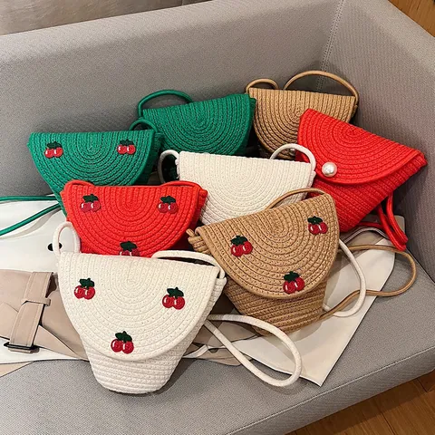 Women Casual Woven Straw Crossbody Bag Cherry Embroidery Artificial Pearl Button Small Bucket Shoulder Bag Summer Beach Vacation Bag