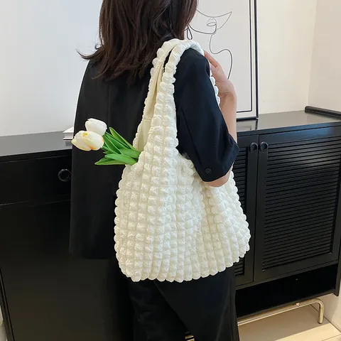 Sac Cabas Femme Texture Pop-corn Grande Capacité Décontracté en Tissu Plissé Sac à Bandoulière Souple pour Voyage Quotidien