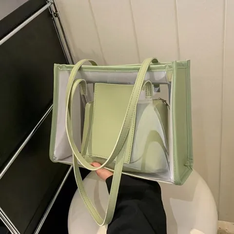 Women Transparent PVC Tote Bag Large Capacity Clear Handbag With PU Leather Inner Pouch Summer Beach Travel Shoulder Bag