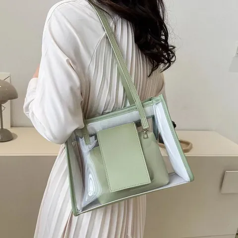 Women Transparent PVC Tote Bag Large Capacity Clear Handbag With PU Leather Inner Pouch Summer Beach Travel Shoulder Bag