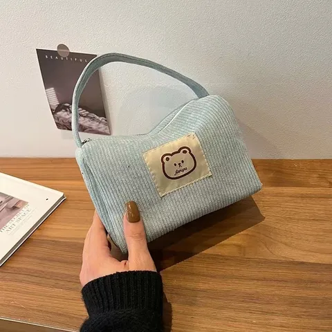 Women's Corduroy Handbag Cute Cartoon Bear Makeup Bag Large Capacity Toiletry Wash Bag Travel Storage Case Tote Bag