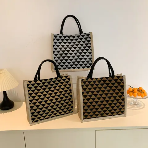Borsa Tote da Donna in Cotone e Lino Minimalista con Motivo a Triangolo Geometrico Borsa a Mano in Stile Giapponese