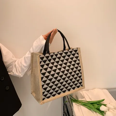 Borsa Tote da Donna in Cotone e Lino Minimalista con Motivo a Triangolo Geometrico Borsa a Mano in Stile Giapponese