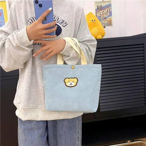 Korean Style Corduroy Mini Handbag For Women Cute Bear Embroidery Small Tote Bag Casual Daily Versatile Portable Bag