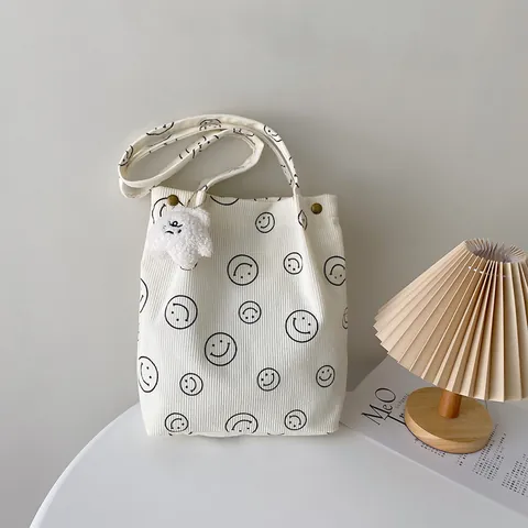 Casual Corduroy Tote Bag For Women Large Capacity Smiley Face Print Shoulder Handbag With Plush Pendant Daily Bag