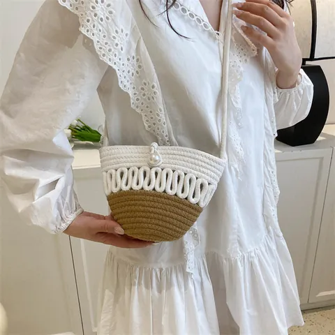 Women Summer Handwoven Straw Bucket Bag Contrast Color Handmade Artificial Pearl Buckle Small Shoulder Crossbody Beach Vacation Bag