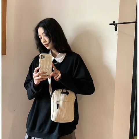 Women's Retro Corduroy Crossbody Bag Harajuku Style Student Small Square Shoulder Phone Pouch With Adjustable Strap