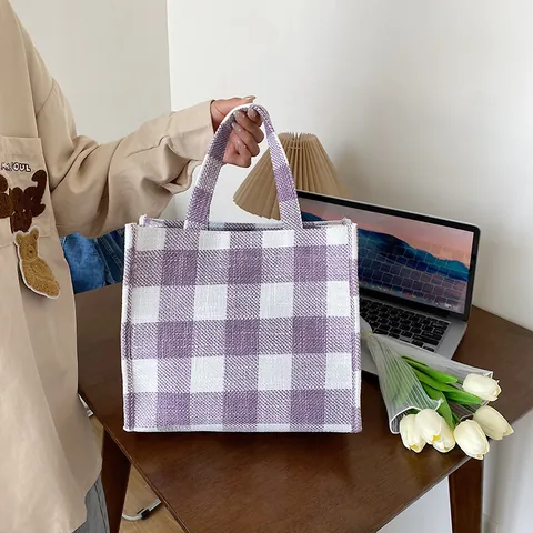 Borsa Tote In Tela A Maglia A Quadretti Gingham Capiente Per Donna Borsa A Mano Casual In Stile Giapponese Con Chiusura Magnetica