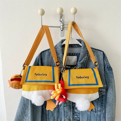 Cute Cartoon Duck Canvas Crossbody Bag For Women Kids Yellow White Blue Shoulder Bag With Plush Charms Adjustable Strap Fun Casual Purse