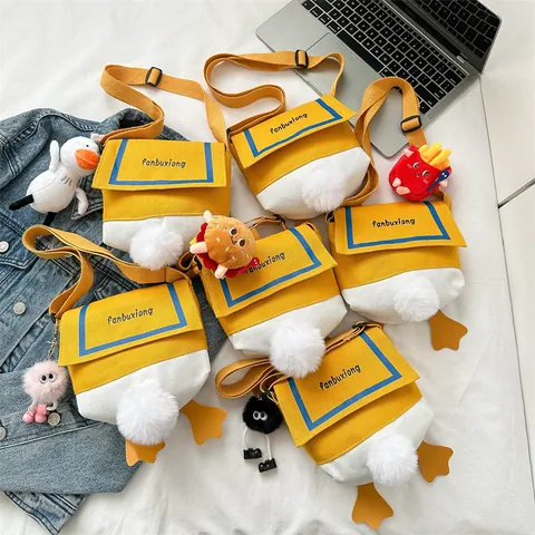 Cute Cartoon Duck Canvas Crossbody Bag For Women Kids Yellow White Blue Shoulder Bag With Plush Charms Adjustable Strap Fun Casual Purse