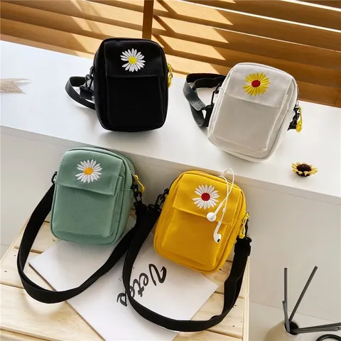 Women Daisy Embroidery Canvas Crossbody Bag Korean Style Student Small Square Shoulder Phone Bag Casual Versatile Handbag