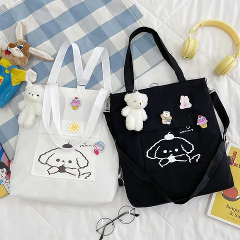 Damen Canvas Tragetasche Cartoon Hund Print Große Kapazität Schultertasche Mehrzweck Student Schule Handtasche Süß Lässig Umhängetasche