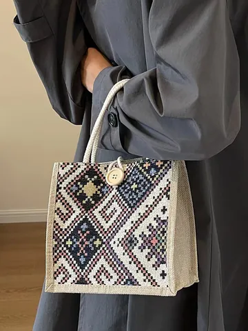 Ethnic Style Linen Handbag For Women Bohemian Woven Tote Bag With Wooden Button Cotton Rope Handle Small Square Bag
