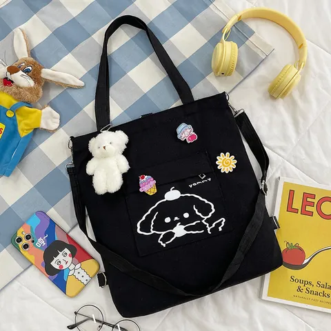 Damen Canvas Tragetasche Cartoon Hund Print Große Kapazität Schultertasche Mehrzweck Student Schule Handtasche Süß Lässig Umhängetasche