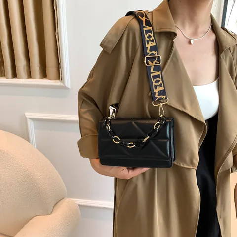 Bolso Bandolera Acolchado para Mujer Con Correa Ancha Y Cadena Cuero PU Bolso de Hombro Cuadrado Casual