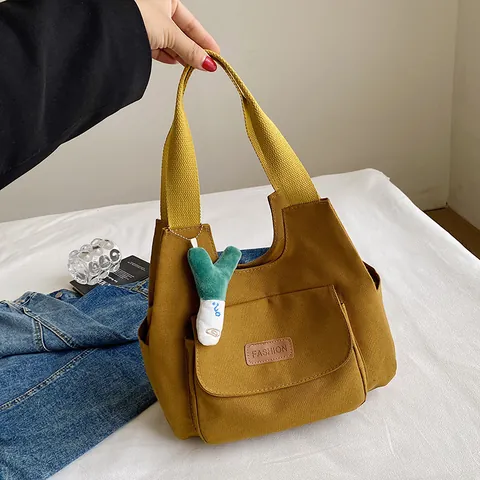 Women Casual Canvas Tote Bag With Plush Scallion Pendant Large Capacity Shoulder Bag Solid Color Japanese Style Handbag