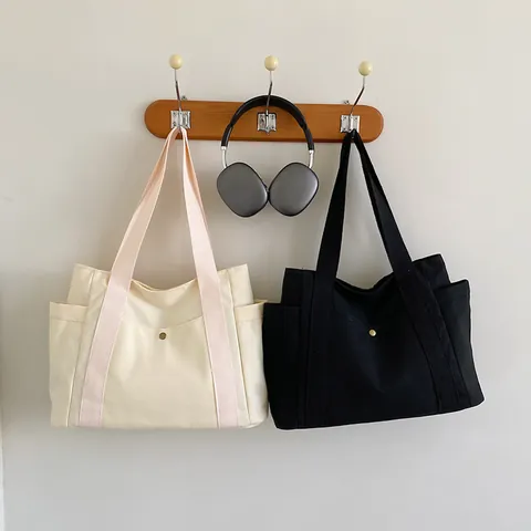 Women Large Capacity Canvas Tote Bag Minimalist Multi Pocket Shoulder Bag With Side Pockets Commuting Campus Handbag