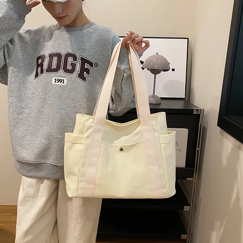 Women Large Capacity Canvas Tote Bag Minimalist Multi Pocket Shoulder Bag With Side Pockets Commuting Campus Handbag