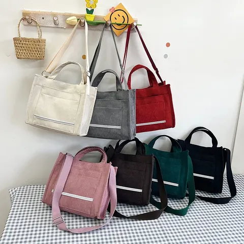 Women Corduroy Tote Bag Solid Color Shoulder Crossbody Bag With Front Pocket Reflective Strip School Commuting Handbag