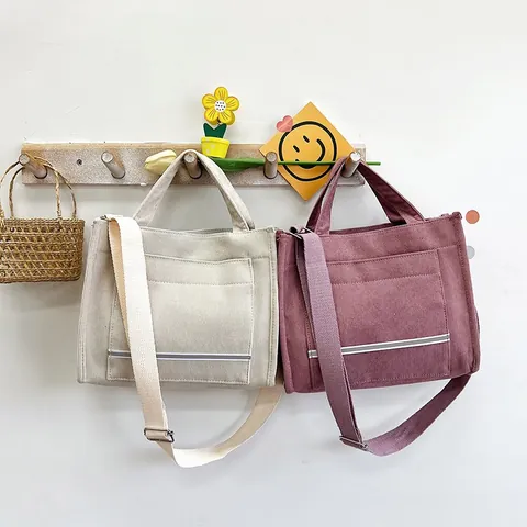 Women Corduroy Tote Bag Solid Color Shoulder Crossbody Bag With Front Pocket Reflective Strip School Commuting Handbag